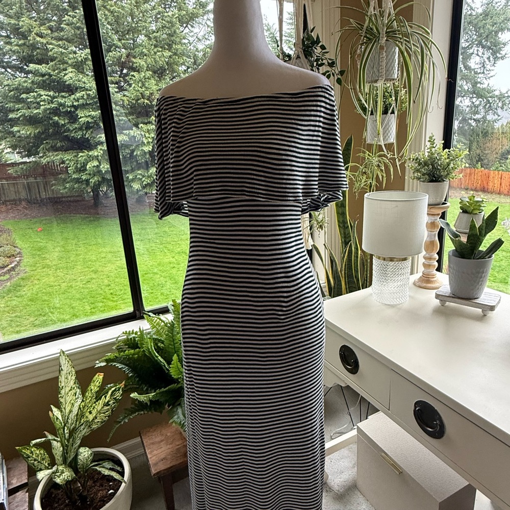 Veronica M Navy  & White One-Shoulder Striped Midi Dress